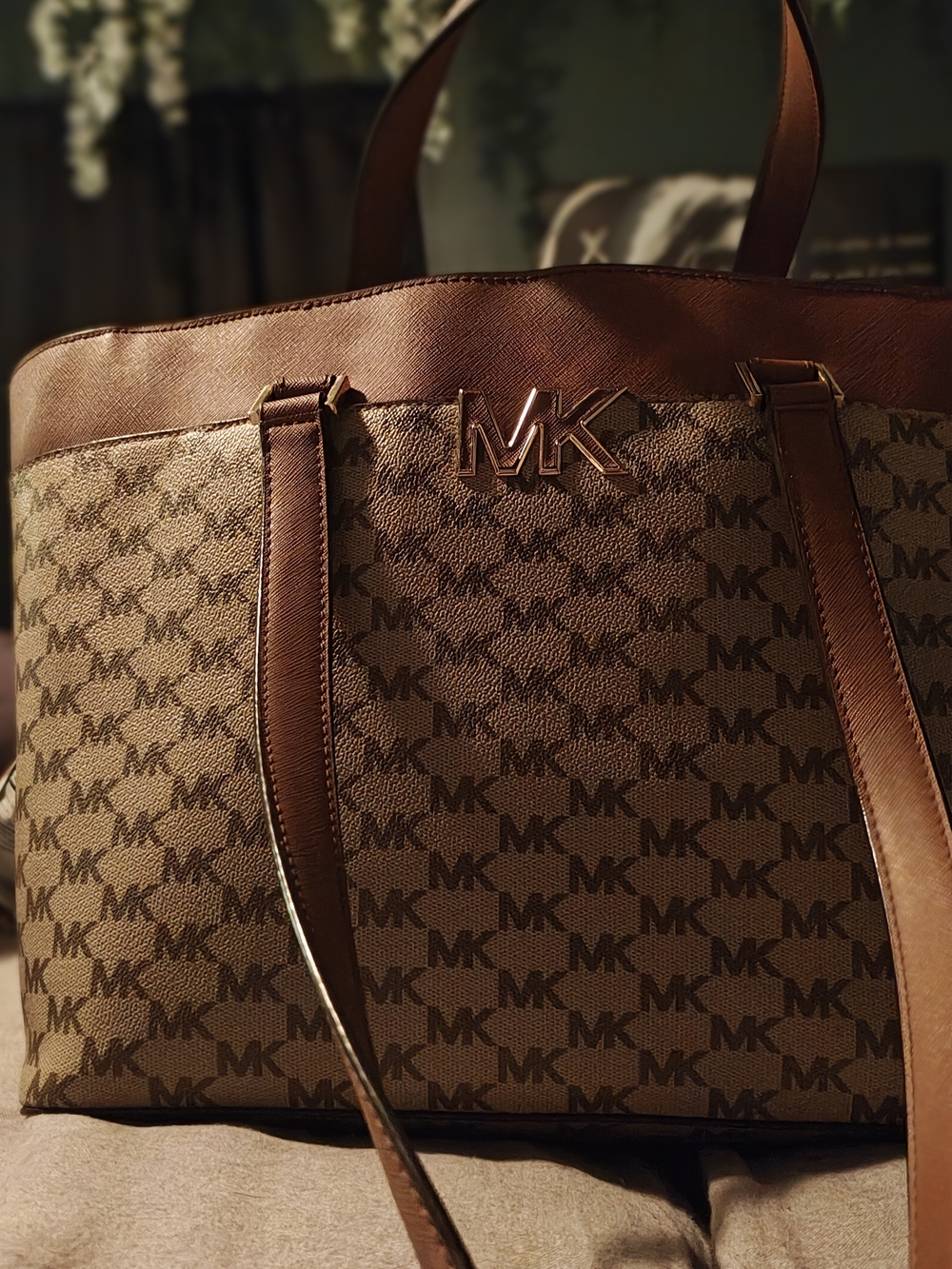 Michael Kors Brown MK Monogram Tote with Gold Logo